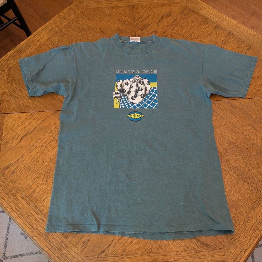 Vintage 90s Faded Teal Soccer Snake Strike Zone Graphic T-Shirt Made in USA